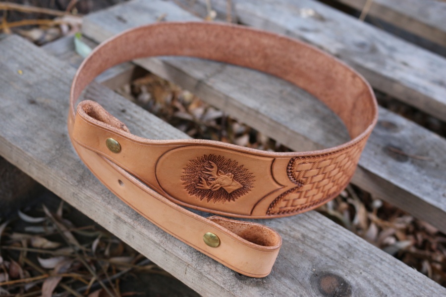 Canadian Made leather Rifle Sling Deer head