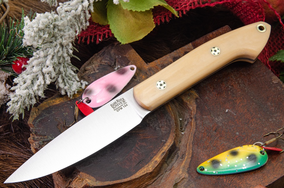 Barkriver Knives Bird and Trout CPM154 Antique Bone Linen Mosaic Pins photo